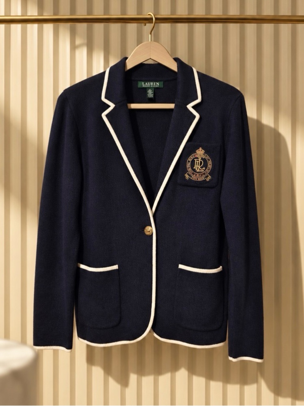 Ralph Lauren Navy Knit Blazer with White Piping and Crest Patch Sz L